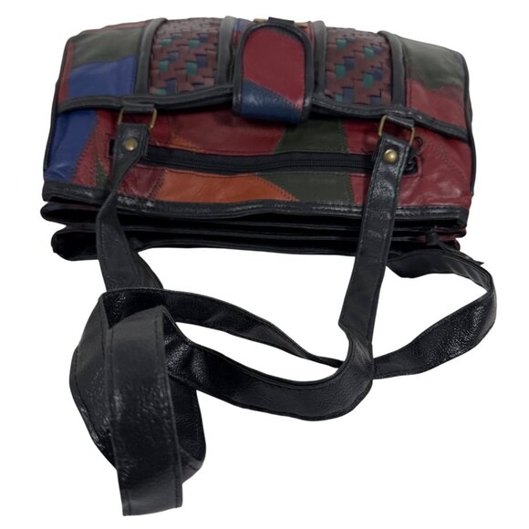 Vintage 80s Crazy Quilt Patchwork Leather Woven Detail Triple Entry Shoulder Bag - Picture 4 of 15